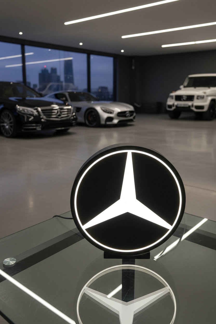 Mercedes-Benz logo light on a dark surface with a blurred background
